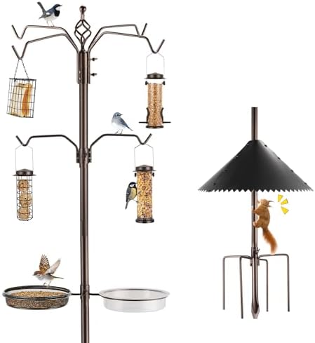 Bird Feeder Station Kit - Wild Bird Feeder Pole with Multi Feeder, Suet Cage, Planter Hanger with Squirrel Guard Baffle for Attracting Birds