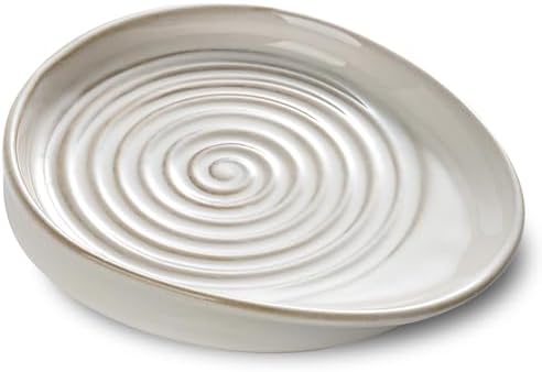 Ceramic Spoon Rest for Stove Top, Spoon Holder for Kitchen Counter, Farmhouse Cooking Utensil Holder for Spoons, Ladles, Spatula, Glazed White