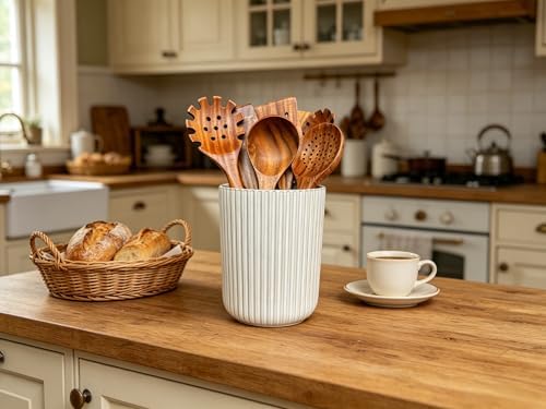 Large Stoneware Kitchen Utensil Holder for Kitchen Counter & Countertop Cooking Utensil Holder Spatula Holder Utensil Crock for Kitchen Counter Vertical Ribbed Fluted Stripe (Retro White)