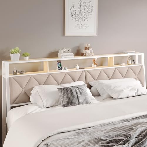 Headboard King Size with Storage, Charging Station & Lights, White & Beige