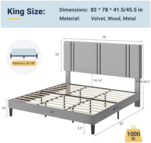 Allewie King Size Platform Bed Frame with Velvet Upholstered Headboard