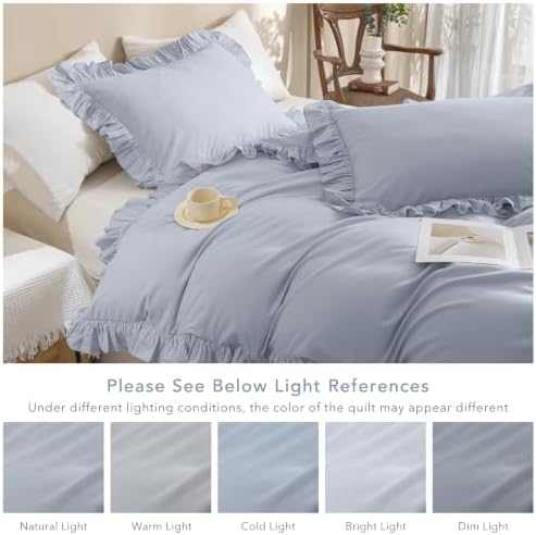 Ruffle Duvet Cover Queen Size Washed Cotton,3pc Linen Feel Farmhouse Shabby Vintage Ruffled Bedding Set French Country Rustic Cornflower Blue Comforter Cover Aesthetic Soft Quilt Cover Set