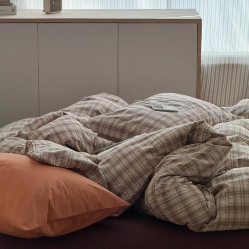 mixinni Vintage Buffalo Plaid Duvet Cover Set Twin Size - 3 Piece Washed Cotton Bedding Set, Neutral Brown Beige Coffee Grid Plaid Duvet Cover with Pillowcases, Retro Bedding for All Seasons