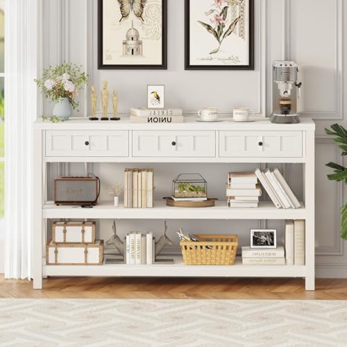 FATORRI Console Table for Entryway, 54.72 Inch Long Wood and Metal Sofa Table with 3 Drawers for Living Room, Farmhouse Hallway Tables and Modern Couch Tables Behind Sofa, White Oak