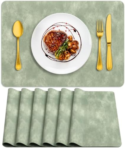 ADRIMER Fall Placemats Set of 6, Heat Resistant Faux Leather, Green