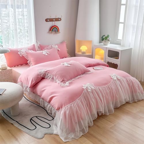 SOUKECHY Girls Lace Bedding,Twin Comforter Cover Set, Chic Ruffled Duvet Cover with Lovely Bow,Princess Style 1 Duvet Cover with 1 Pillowcases, No Comforter-Bright Pink,Twin Size