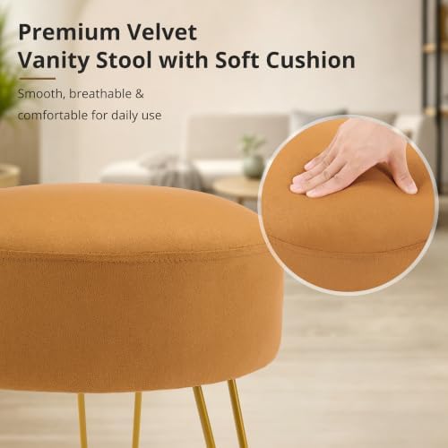 LUE BONA Vanity Stool, Mustard Yellow Vanity Stools for Makeup Room, Round Ottoman Foot Stool, Suede Footrest Vanity Chair for Bathroom Vanity, Bedroom, Living Room, Entryway, Offices