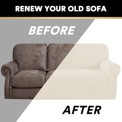 PrinceDeco Stretch Sofa Slipcover 1 Piece Sofa Cover for 3 Cushion Couch Furniture Protector/Cover Couch with Elastic Bottom Soft and Durable Sofa Cover Pet Protector (XL Sofa,Cream)