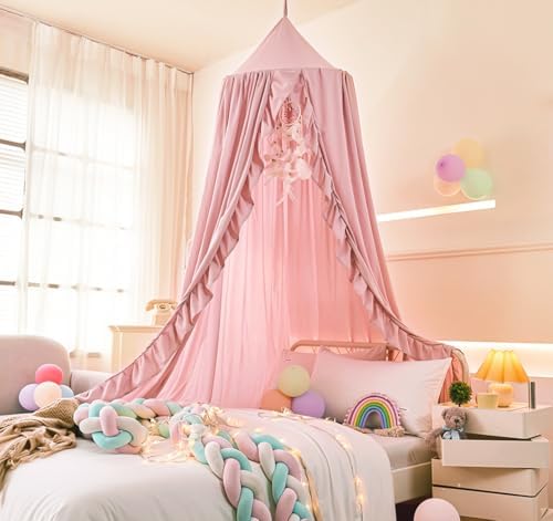 Mengersi Bed Canopy for Girls,Ruffled Canopy Bed Curtains Canopy for Girls Room,Hanging Canopy Princess Play Tent for Reading Nook Play Room Decor (Beige Pink)