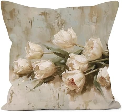 Vintage White Tulip Floral Pillow Cover 18x18, Cottagecore Room Decor, Neutral Farmhouse White Flower Decorative Throw Pillow Covers Pillowcases for Living Room Home Bedroom