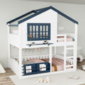 Full Over Full Size House Bunk Bed with Storage Bookshelf, White