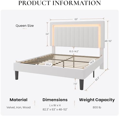 SHA CERLIN Queen Size Velvet Bed Frame with LED Light, White