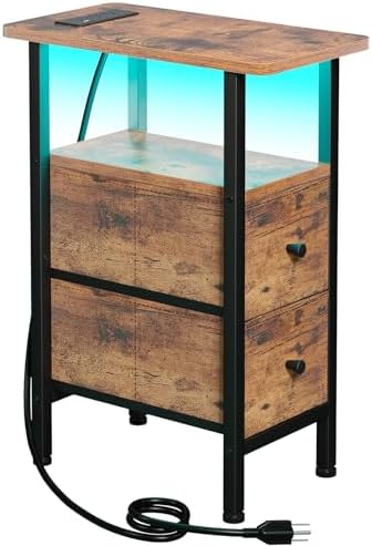 LOAKEKEL Narrow End Table with Charging Station, Small Nightstand