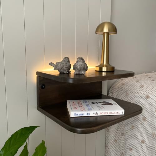 Floating Nightstand Wooden, Solid Alder Wood Bedside Table, Wall Mounted Shelf with LED Option, Slim Side Table with Open Storage, Varnish Finish (Walnut, Without LED, 16.0, Inches)