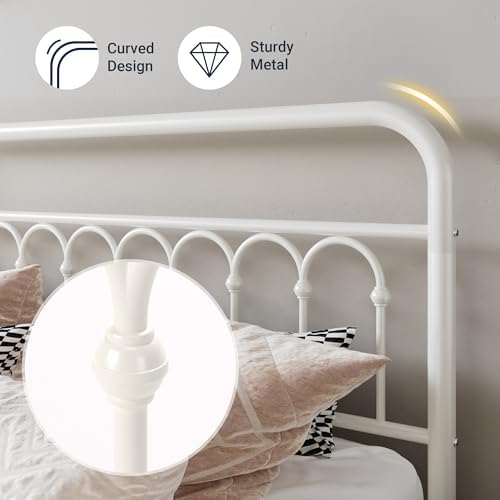 Allewie Queen Size Metal Platform Bed Frame with Headboard, Cream