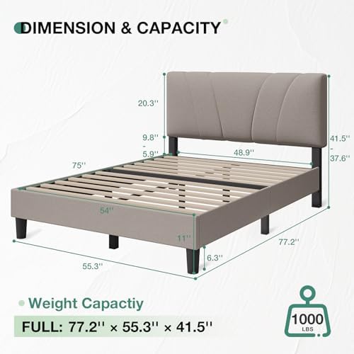 Novilla Full Size Bed Frame with Adjustable Headboard Platform Full Bed Frame with Linen Fabric Upholstered Headboard, No Box Spring Needed, Noise-Free, Wooden Slats Support, Easy Assembly, Beige