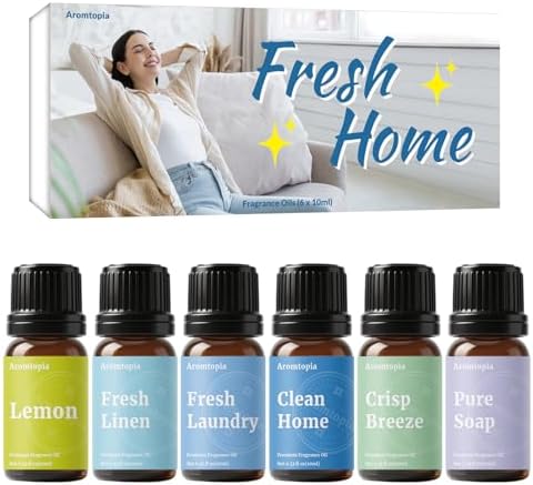Diffuser Fragrance Oils, Aromtopia Essential Oils for Diffusers for Home, 6x10ml Fresh Home Set, Clean Scents for Candle Soap Making, Dryer Ball, Fresh Linen, Crisp Breeze, Fresh Laundry, Lemon