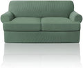 PrinceDeco T Cushion Loveseat Slipcover 3 Pieces Sofa Covers for T Cushion Sofa Stretch Slip Covers for 2 Cushion Couch with 2 Individual T Shape Seat Covers Width Up to 76", Loden Frost
