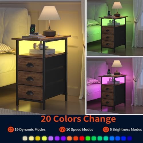 sthmec End Table with Charging Station,LED Side Tables with USB Ports and Outlets,Narrow Nightstands Bedside Tables with 3 Fabric Drawers for Small Space,Slim Sofa Table for Livingroom, Rustic Brown