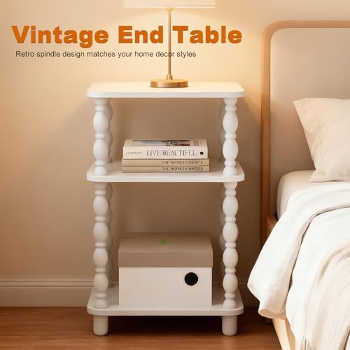 Modern Accent Side Table, 3-Tier Small End Table for Living Room, Farmhouse Side Tables, Couch Side Table for Skinny Spaces, Bedside Table Nightstand for Bedroom(White)
