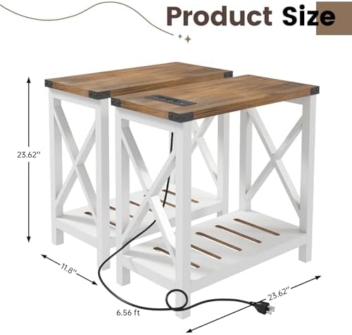 Hadulcet Farmhouse End Tables Living Room Set of 2, Narrow Side Table with Charging Station, Slim Nightstand for Small Space, Skinny Bedside Table, Sofa Side Table with Storage Shelf, White & Brown