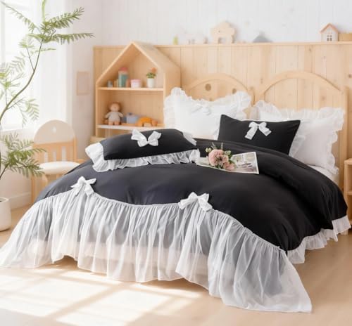 IHOUSTRIY Black Halloween Duvet Cover Full Size, Ruffle Beddding Set with Bowtie, 3 Pieces Comforter Cover Set with Zipper Closure, Girl Princess Bedding with Pillowcase - Black, Full