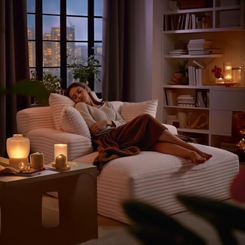 66" Chaise Lounge Chair Indoor, Corduroy Upholstered Reading Chair Oversized Boneless Chair with Deep Seat, Cloud Lounge Chair with 3 Pillows for Living Room, Bedroom, No Assembly Required