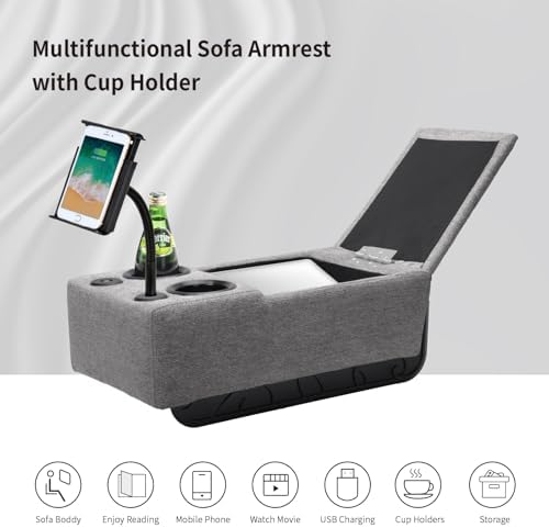Removable Sofa Armrest with Cup Holder, PU Leather Multifunctional Couch Caddy Storage Arm Rest with Power Wireless Charging Stand & LED Reading Light for Sofa Middle Seat Adjustable