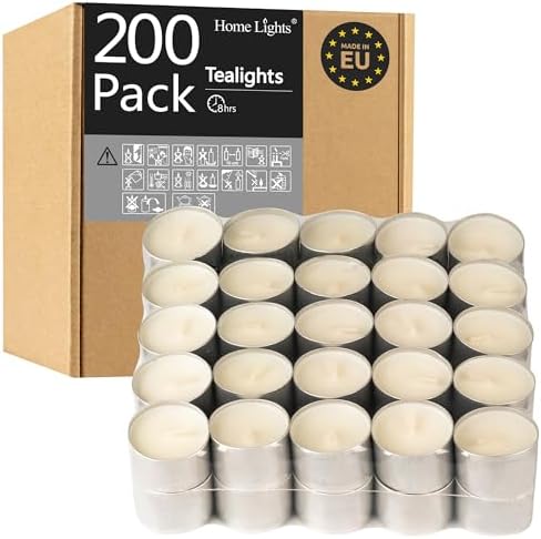 HomeLights Tealight Candles - 8 Hour Long time Burning, Giant 100,200,300 Packs -White Votive Smokeless European Tea Light Unscented Candles for Shabbat, Weddings, Christmas,Home Decorative -200 Pack