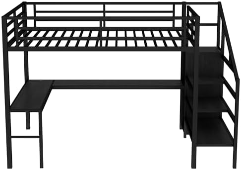 Queen Size Loft Bed with Desk and Wardrobe, Metal Heavy Duty Loft Bed with Storage Stairs, LED Lights, USB Port, LoftBed Frames for Kids, Junior, Space Saving, Noise Free (Black, Queen)