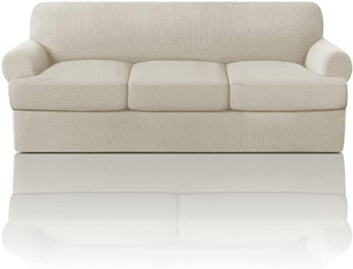 PrinceDeco T Cushion Sofa Slipcover 4 Pieces Sofa Covers for T Cushion Couch Soft Sofa Slip Covers Furniture Protector with 3 Individual T Shape Seat Covers (70"-88"), Island Fossi