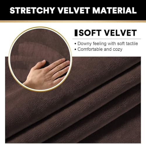 PrinceDeco Velvet Couch Covers for Sofa Soft 4 Pieces Couch Covers for 3 Cushion Couch Sofa Pet Friendly Furniture Protector with Non Slip Elastic Bottom Width Up to 97 Inch (Large Sofas, Brown)
