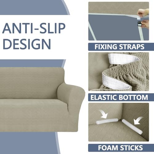 JIVINER Stretch Sofa Covers 1 Piece Couch Covers for 3 Cushion Couch Sofa, 3 Seater Sofa Slipcovers Furniture Protector with Elastic Bottom for Kids, Pets (Khaki, Sofa)