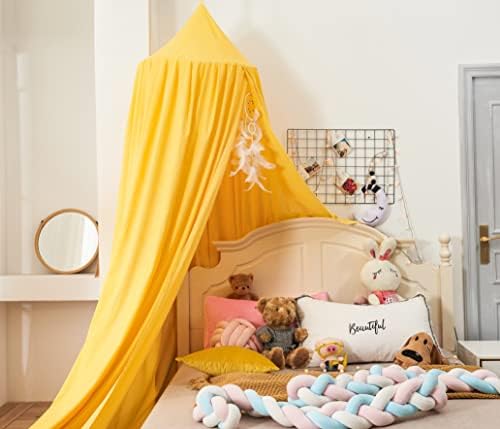 Bed Canopy for Kids, Round Dome Kids Mosquito Net Indoor Outdoor Castle Hanging House Decoration Reading Nook Kids Playing Home Decoration(Bright Yellow)