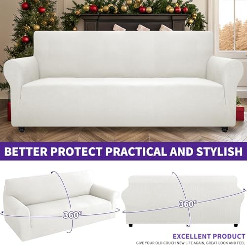 ZNSAYOTX Super Stretch Couch Cover (72"-92") Universal Sofa Covers with Elastic Bottom, Dog Cat Pets Friendly Washable Furniture Protector Fitted Sofa Slipcovers Stay in Place (White, Sofa)