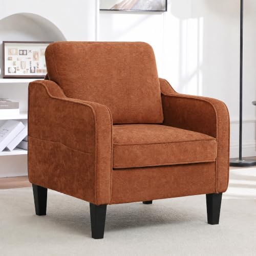Accent Chair for Living Room, Mid Century Modern Reading Chair for Bedroom, Upholstered Armchair with Side Pockets, Comfy Single Sofa Side Chair for Office, Apartment, Small Room, Orange