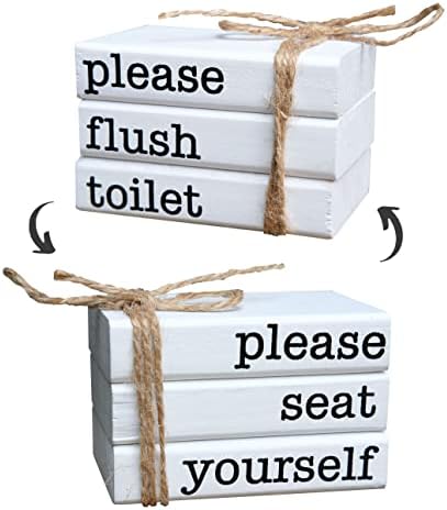 Farmhouse Mini Bathroom Sign Decor Funny Wooden Book Stack for Bathroom Tray Decor Bathroom Shelf Sitter 2 Signs in 1 Reversible Mini Book Set of 3 for Restroom Wooden Rustic Sign