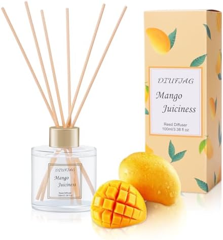 100ml Scent Diffuser with 6 Fiber Sticks, 3.5 oz Reed Diffuser Set Aromatherapy Fragrance Diffusers Air Fresheners for Home Bedroom Bathroom (Mango)