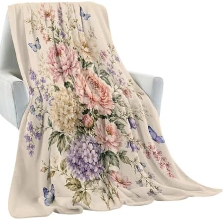 Vintage Flower Blanket,Pastel Peony Butterfly Flannel Throw Blankets Gifts for Romantic Decor Lovers,Soft Lightweight Decorative Cover for Couch Sofa Bedroom Travel,Home Accent,60×80 Inch