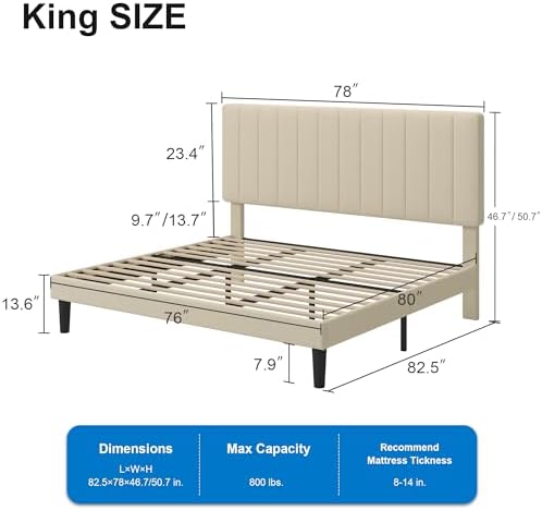GOLDORO King Size Bed Frame with Adjustable Headboard, Linen Upholstered Platform Bed, Vertical Channel Tufted Design, Wooden Slat Support, No Box Spring Needed, Easy Assembly, Beige