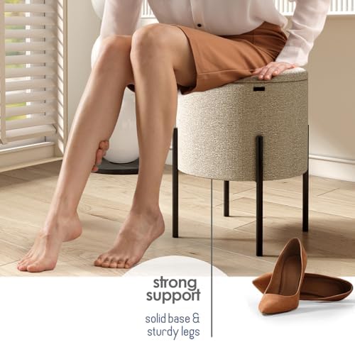 Round Ottoman with Storage, Boucle Storage Ottoman, Foot Stool, Makeup Vanity Stool, Small Foot Rest, Modern Ottomans for Living Room and Bedroom, Beige