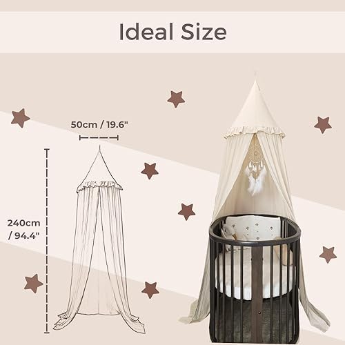 Wonder Space Kids Bed Canopy with Ruffles, Pastel Neutral Color for Boys & Girls, Frilled Cotton Tent Nursery Room Baby Crib Hanging Curtain Mosquito Netting Children Reading Nook Decoration (Ivory)