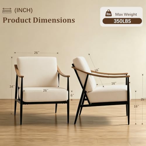 RNKSFX Modern Accent Chairs Set of 2 for Living Room Bedroom Mid Century Arm Chairs Upholstered Office Accent Chairs Comfy Waiting Room Chairs with Metal Frame, Beige