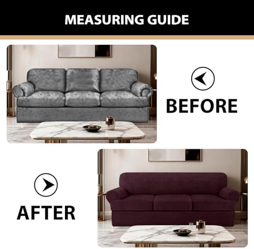 4 Piece T Cushion Sofa Slipcovers Stretch Couch Slip Cover for 3 Cushion Couch Sofa, Machine Washable for Living Room (Burgundy, 3 Cushions)