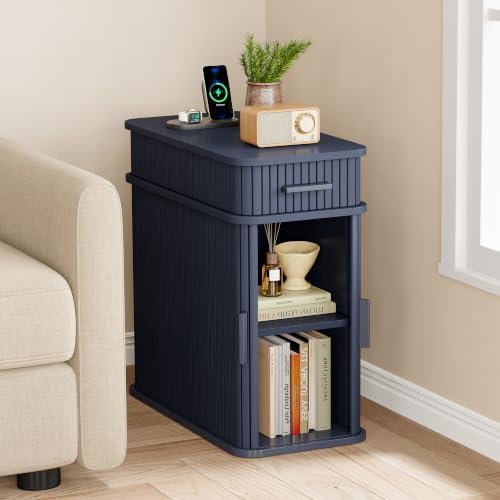 ONRBRILL Fluted End Table, Narrow Side Table, 23.62" H, Blue