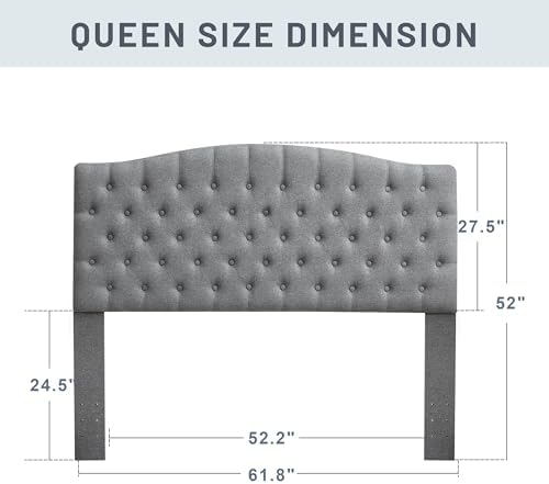 Tufted Tall Queen Size Headboard, Linen Button Diamond Headboards, Gray