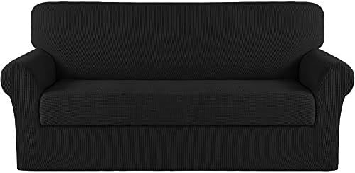 Turquoize Stretch Sofa Slipcover 2 Pieces Sofa Cover Couch Cover for 3 Cushion Couch Washable Furniture Protector Covers with Elastic Bottom Feature Thick Jacquard Fabric (Sofa, Black)