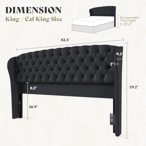 AMERLIFE King/Cal King Headboard Only, Velvet Curved Wingback, Black