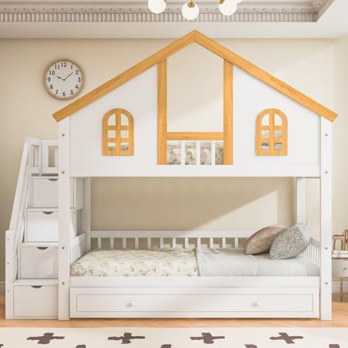 Twin Over Twin Size House Bunk Bed with Trundle & Storage Stairs