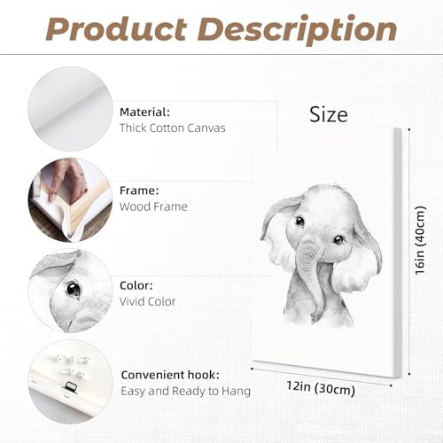 Safari Nursery Wall Art Decor Baby Animal Canvas Wall Art Baby Room Nursery Pictures Kids Artwork Safari Jungle Animal Prints Giraffe Elephant Tiger Painting for Bedroom 12x16x3 Inch Wrapped Canvas